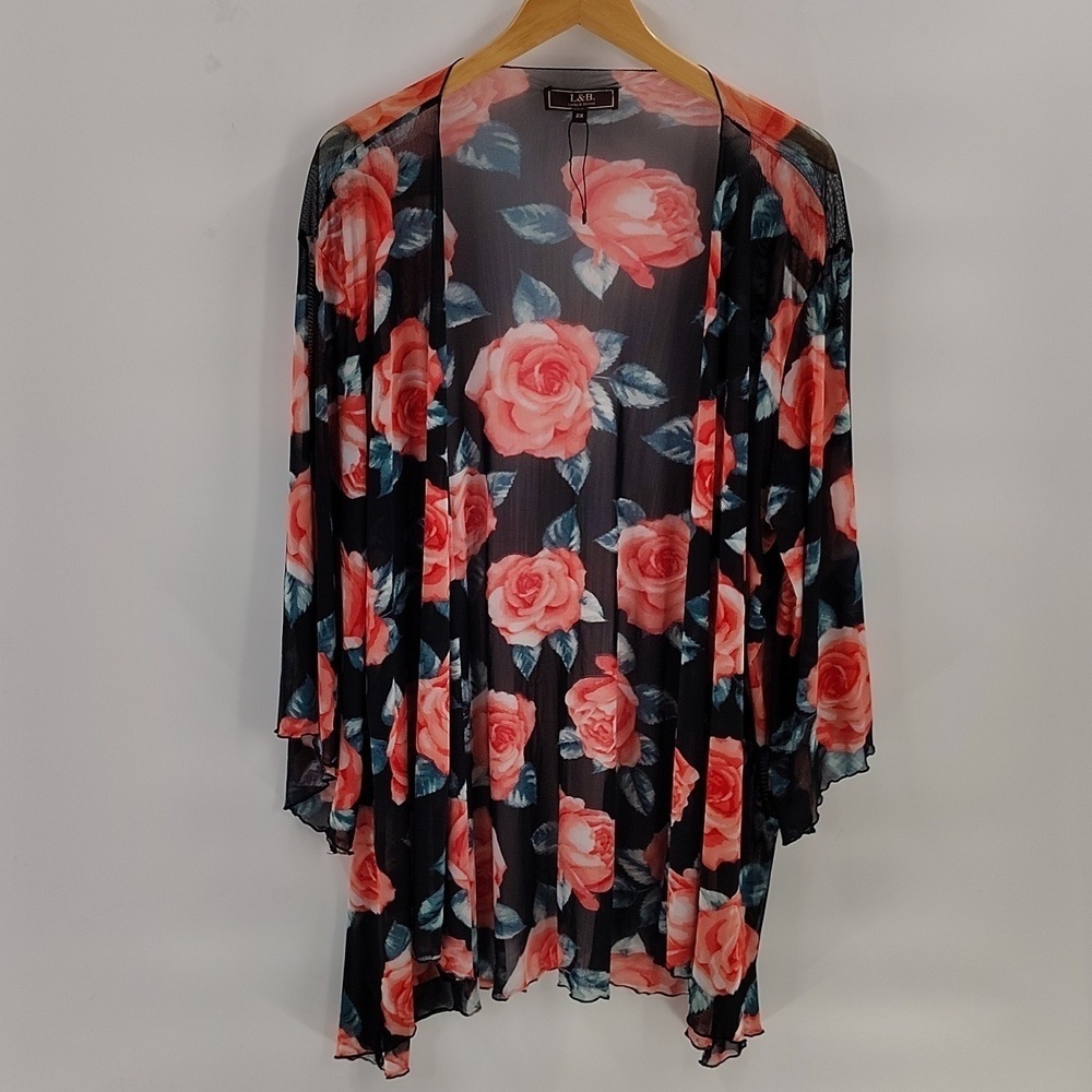 L&B lucky and Blessed mesh floral lightweight cardigan 2X black pink
